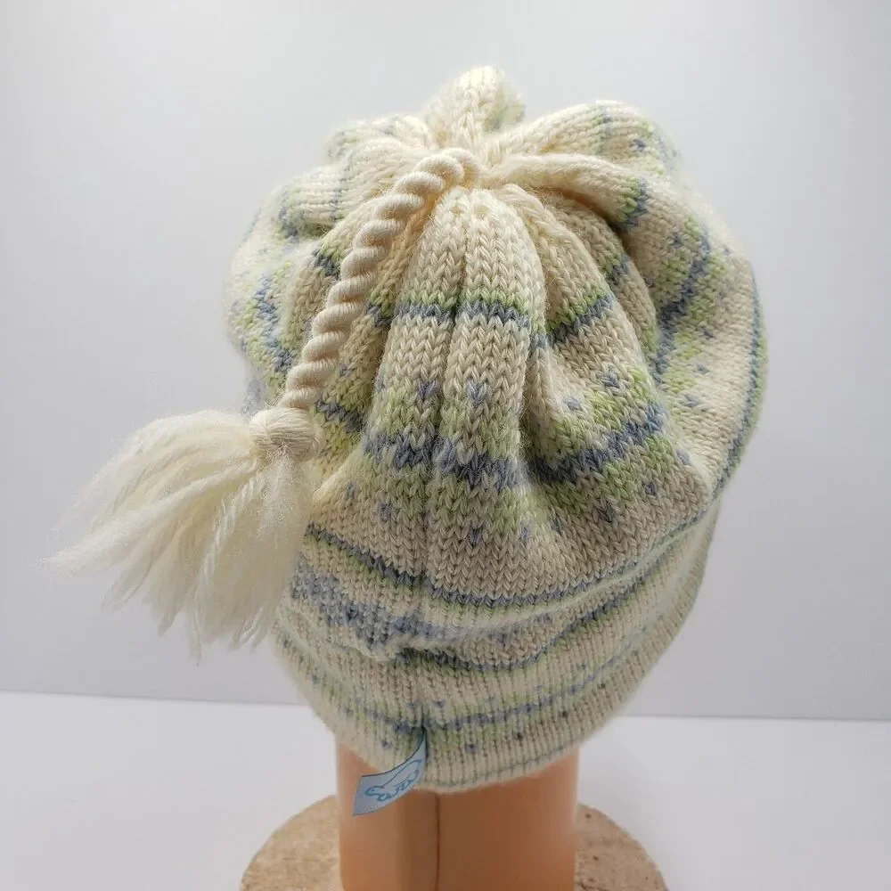 Turtle Fur Beanie Hat Womens Ivory Fair Isle Fleece Lined Wool Blend Tassel Cap
